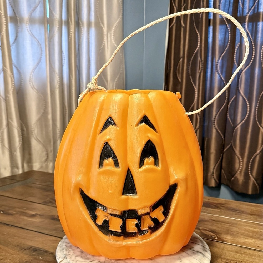 VTG 70s Halloween Blow Mold Jack O Lantern Treat Mouth Pumpkin JOL Bucket 12x10"
